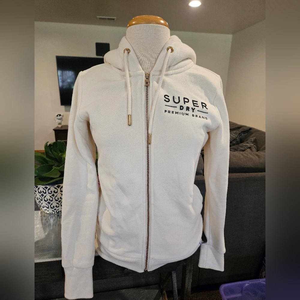 Superdry Cream Full-Zip Hooded Sweatshirt with Logo